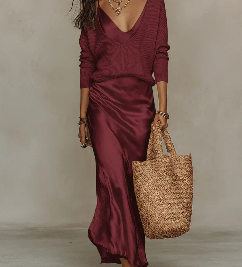 Elena – Robe midi satinée avec maille assortie