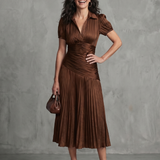 Léa | Robe midi rayée à taille plissée