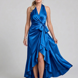 Amélie | Robe midi portefeuille à col halter et ourlet asymétrique