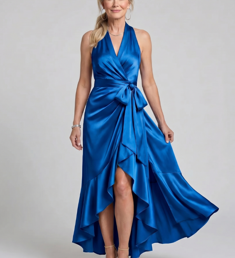 Amélie | Robe midi portefeuille à col halter et ourlet asymétrique