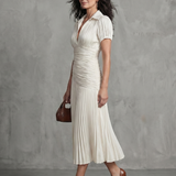Léa | Robe midi rayée à taille plissée