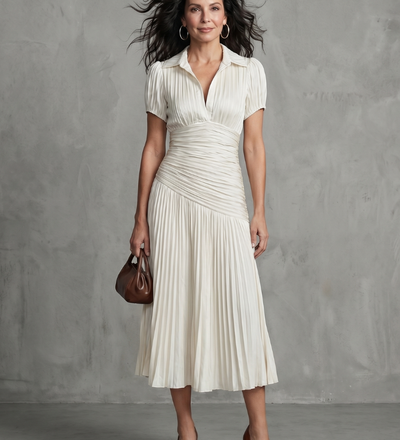 Léa | Robe midi rayée à taille plissée
