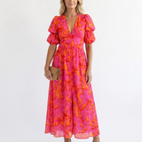Jade | Robe midi fleurie à col V et manches bouffantes