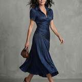 Léa | Robe midi rayée à taille plissée