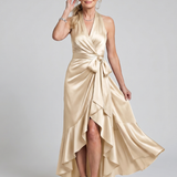 Amélie | Robe midi portefeuille à col halter et ourlet asymétrique