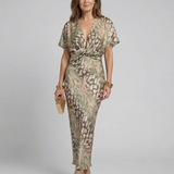 Élodie | Robe midi imprimé abstrait à col V et taille torsadée