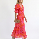 Jade | Robe midi fleurie à col V et manches bouffantes