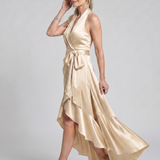 Amélie | Robe midi portefeuille à col halter et ourlet asymétrique