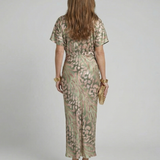 Élodie | Robe midi imprimé abstrait à col V et taille torsadée