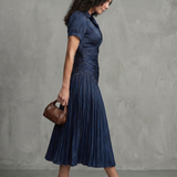 Léa | Robe midi rayée à taille plissée