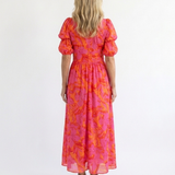 Jade | Robe midi fleurie à col V et manches bouffantes