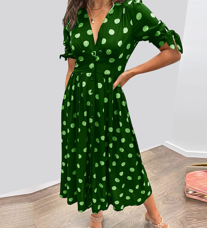 Caterina – Robe midi à pois col V effet sculptant