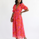 Jade | Robe midi fleurie à col V et manches bouffantes
