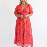 Jade | Robe midi fleurie à col V et manches bouffantes