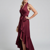 Amélie | Robe midi portefeuille à col halter et ourlet asymétrique