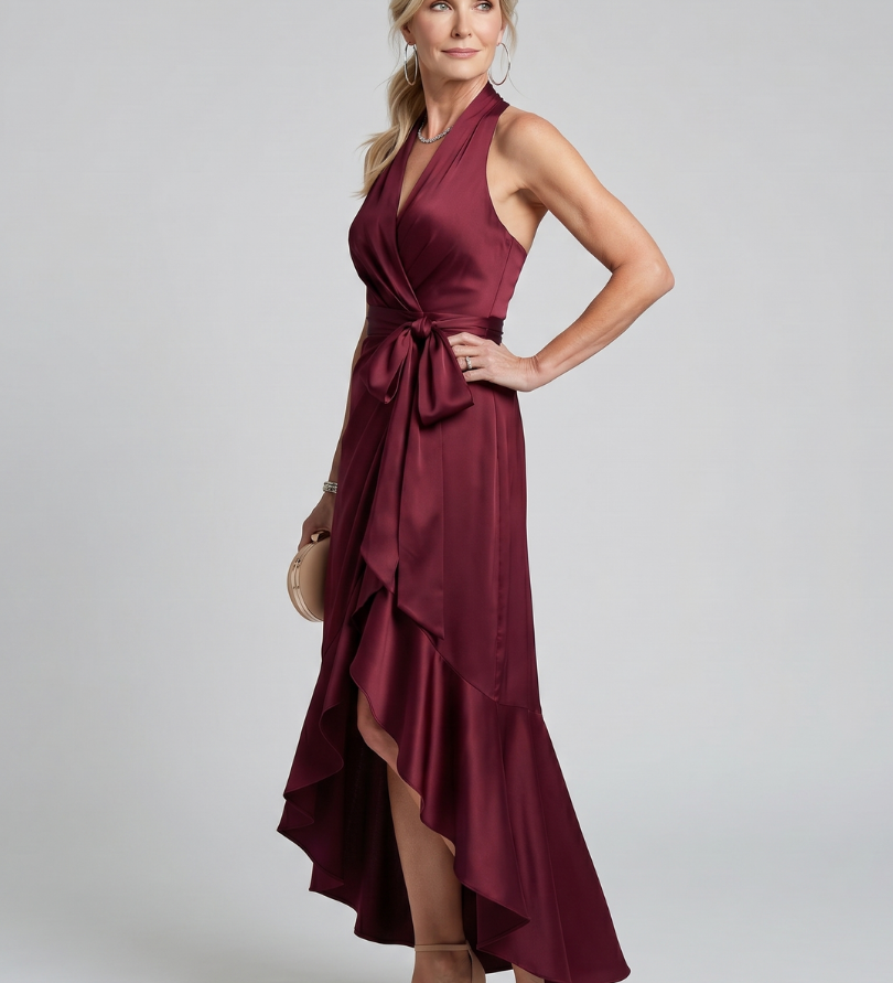 Amélie | Robe midi portefeuille à col halter et ourlet asymétrique