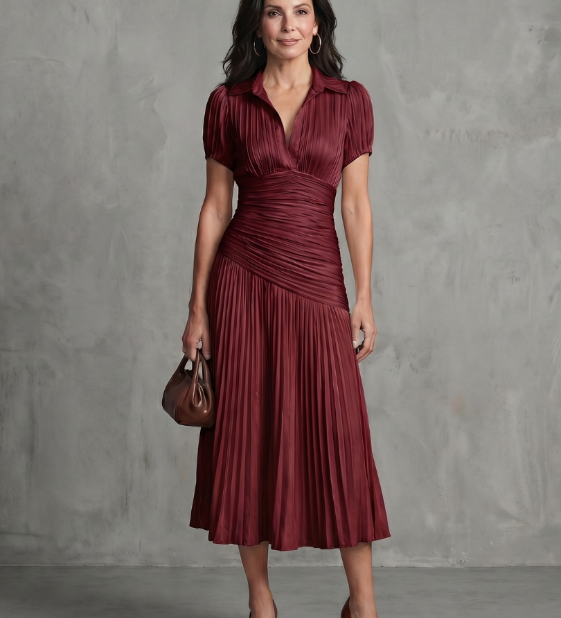 Léa | Robe midi rayée à taille plissée