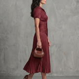 Léa | Robe midi rayée à taille plissée