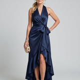 Amélie | Robe midi portefeuille à col halter et ourlet asymétrique