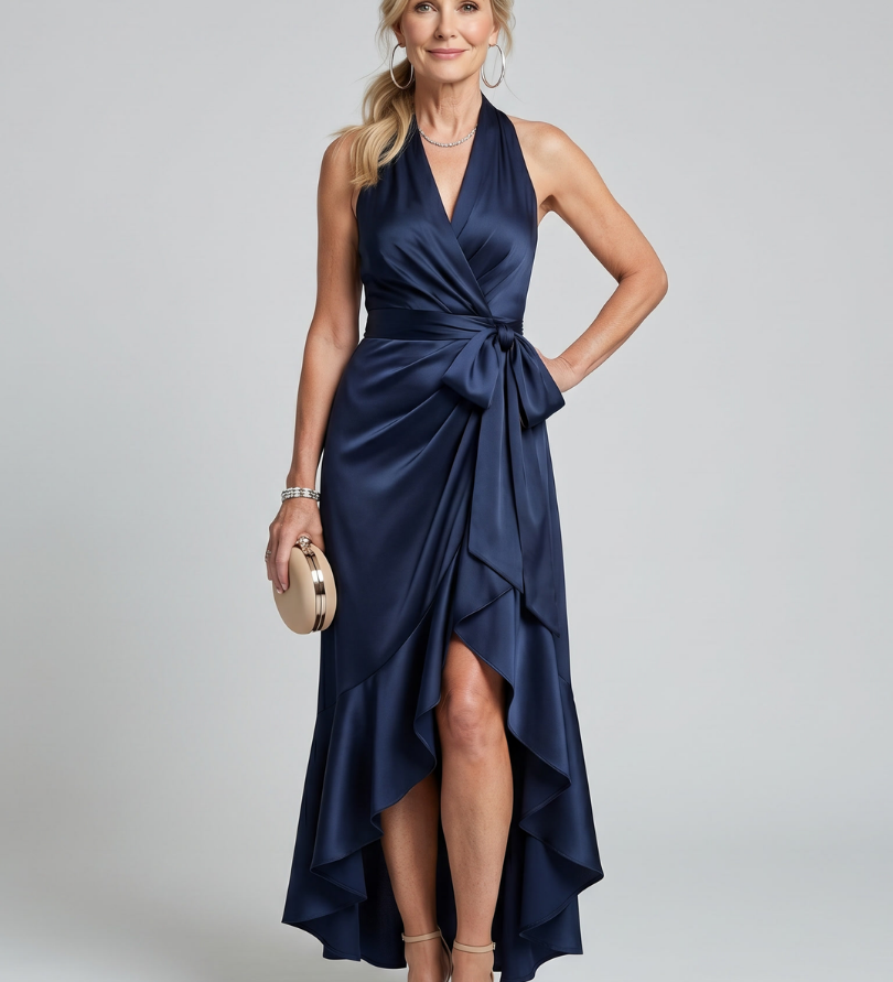 Amélie | Robe midi portefeuille à col halter et ourlet asymétrique