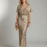 Élodie | Robe midi imprimé abstrait à col V et taille torsadée