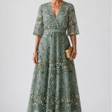 Camille | Robe longue fleurie à col V et manches courtes