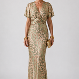 Élodie | Robe midi imprimé abstrait à col V et taille torsadée