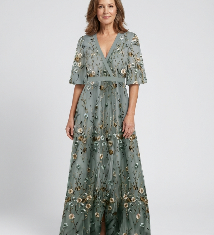 Camille | Robe longue fleurie à col V et manches courtes